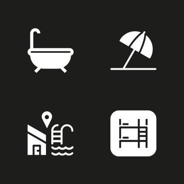 Icon set rahatla. grafik tasarım ve web için simge vektör ranza, Güneş şemsiyesi ve banyo