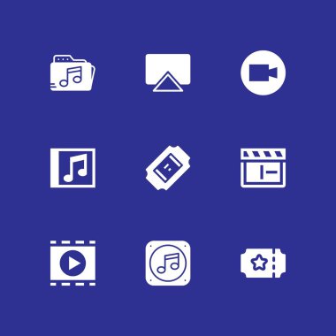 9 film simgesi müzik klasörüne, kompakt disk ve grafik tasarım ve web için bilet vektör çizim seti