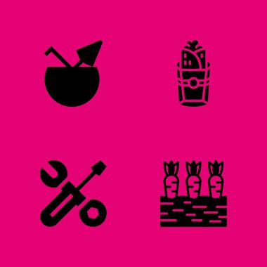 Gıda simge seti. grafik tasarım ve web için Hindistan cevizi, havuç ve araç ve gereçleri vektör simge