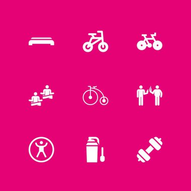 Fitness Icon set. grafik tasarım ve web için spor salonu adım, diyet ve Bisiklet vektör simge