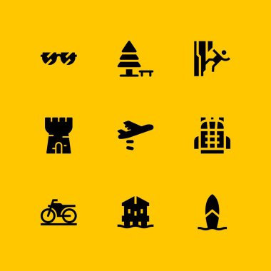 Güneş Icon set. grafik tasarım ve web için motosiklet, güneş gözlüğü ve plaj evi vektör simgesi