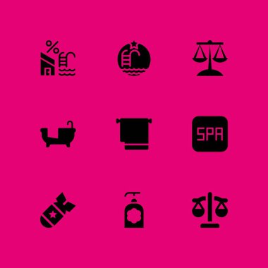 9 spa simgesi ile grafik tasarım ve web için küvet, havlu ve spa vektör çizim seti