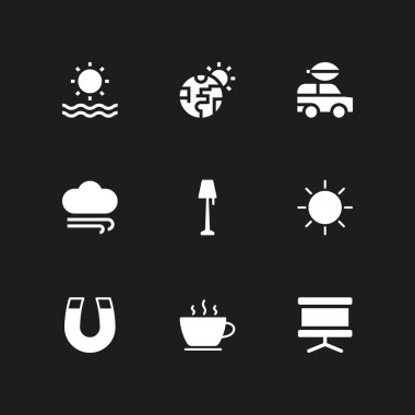 enerji Icon set. grafik tasarım ve web için elektrikli araba, lamba ve güneş vektör simgesi