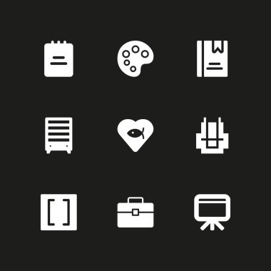 9 okul simgesi ile grafik tasarım ve web için balık, sırt çantası ve not pad vektör çizim seti