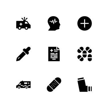 Tıbbi simge seti. oksijen tüpü, Damlalık ve band grafik tasarım ve web için vektör simge yardım