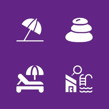 Icon set rahatla. Yüzme Havuzu, sıcak taşlar ve grafik tasarım ve web için güneş şemsiyesi vektör simgesi