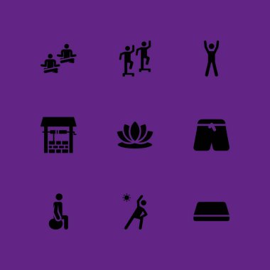 Yoga Icon set. jimnastik minderi, egzersizleri ve grafik tasarım ve web için yoga vektör simge