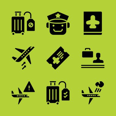 Havaalanı Icon set. Gidiş ile uçak ve Bagaj için grafik tasarım ve web simgeler vektör