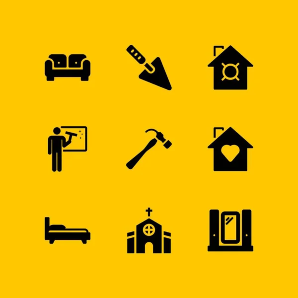 Haus Icon Set Mit Sofa Kirche Und Putzvektorsymbolen Für Web — Stockvektor