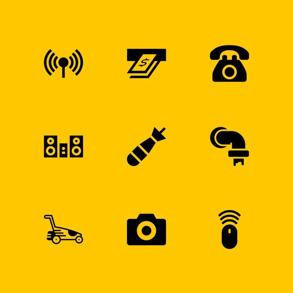 technology icon set. pipes, torpedo and camera vector icon for graphic design and web