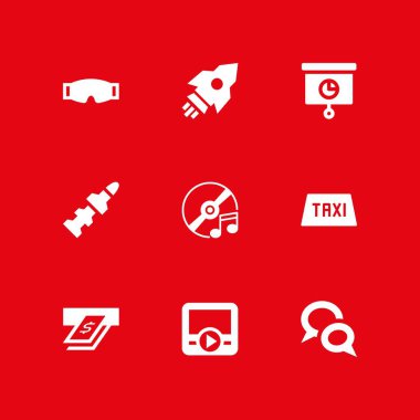 teknoloji Icon set. grafik tasarım ve web için film oyuncu, roka ve denize indirmek vektör simgesi