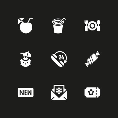 parti simge seti. Yeni, Bilet ve restoran vektör grafik tasarım ve web için simge