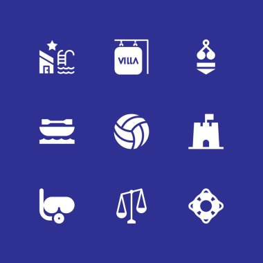 Plaj simge seti. grafik tasarım ve web için simge vektör denge, kumdan kale ve dalış gözlüğü