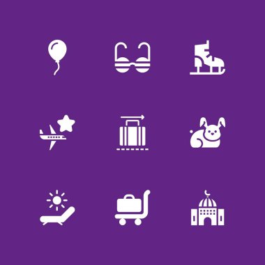 9 tatil simgesi ile grafik tasarım ve web için hamak, Havaalanı ve balon vektör çizim seti