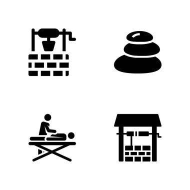 4 simge seti ile Masaj Masaj, sıcak taşlar ve de grafik tasarım ve web için illüstrasyon vektör