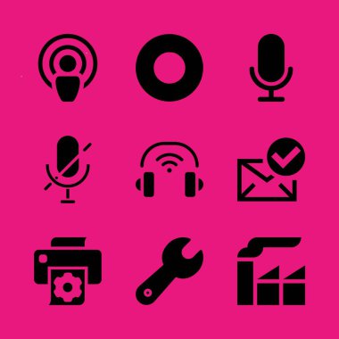 teknoloji Icon set. Mikrofon ile fabrika ve mikrofon için grafik tasarım ve web simgeler vektör