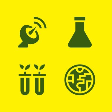 Bilim Icon set. Ozon tabakası ile uydu çanağı ve şişesi vektör grafik tasarım ve web için simgeleri