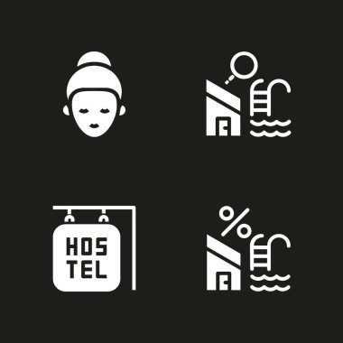 Icon set rahatla. yüz maskesi, hostel ve grafik tasarım ve web için yüzme havuzu vektör simge
