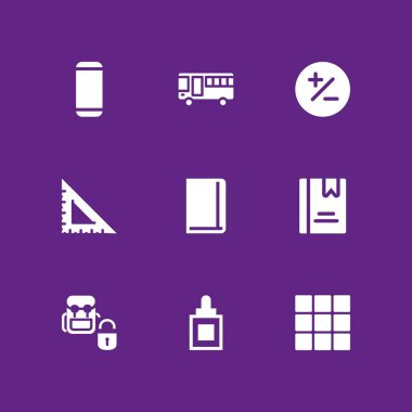 Okul Icon set. grafik tasarım ve web için sırt çantası, otobüs ve defter vektör simge