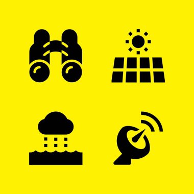 Bilim Icon set. Uydu anteni ile güneş enerjisi ve dürbün vektör grafik tasarım ve web için simgeleri