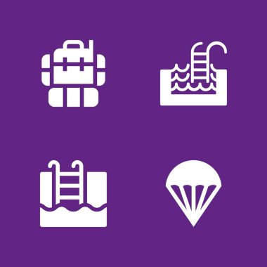 kişi Icon set. sırt çantası, yüzme havuzu ve grafik tasarım ve web için paraşüt vektör simge