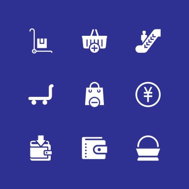 Alışveriş Icon set. sepet, yürüyen merdivenle ve grafik tasarım ve web için yen vektör simge