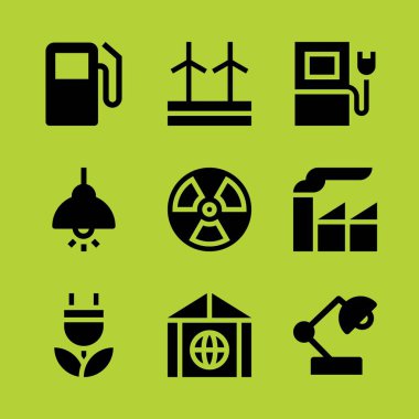 enerji Icon set. Asılı ampul, elektrik ve grafik tasarım ve web için şarj vektör simgeleri