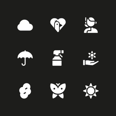 9 bahar simgesi ile grafik tasarım ve web için güneş, çiçek ve kuş vektör çizim seti