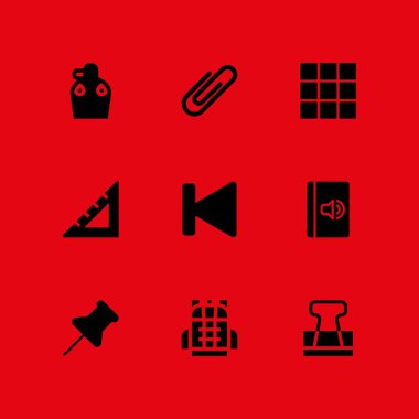 Okul Icon set. grafik tasarım ve web için audiobook, sırt çantası ve itme PIN vektör simgesi