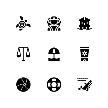 Plaj simge seti. Avustralya, Güneş şemsiyesi ve köpekbalığı vektör grafik tasarım ve web için simge