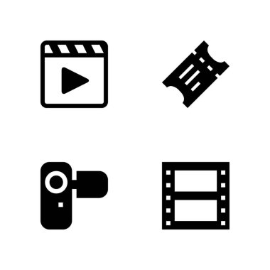 Film Icon set. grafik tasarım ve web için bilet, video kamera ve film rulo vektör simge