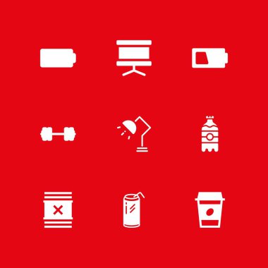 9 enerji simgesi ile grafik tasarım ve web paneli, atık ve kahve Kupası vektör çizim seti