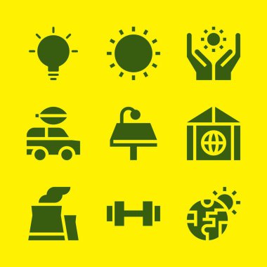 enerji Icon set. Güneş enerjisi, lamba ve grafik tasarım ve web için nükleer santral vektör simgeleri