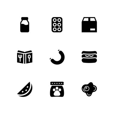 9 Icon set grafik tasarım ve web için evde beslenen hayvan yiyecek, paket ve süt şişesi vektör çizim ile yemek