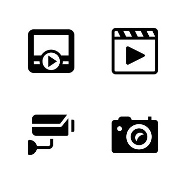 4 video simgesi seti ile Movie player, fotoğraf makinesi ve cctv vektör grafik tasarım ve web için illüstrasyon