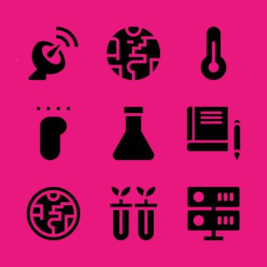 Bilim Icon set. Ozon tabakası ile uydu çanağı ve termometre vektör grafik tasarım ve web için simgeleri