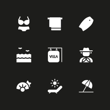 Plaj simge seti. grafik tasarım ve web için Villa, havlu ve hamak vektör simge