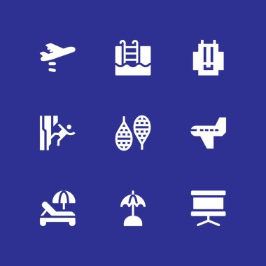 Güneş Icon set. grafik tasarım ve web için Yüzme Havuzu, sırt çantası ve uçak vektör simge