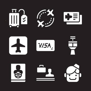 Havaalanı Icon set. Hostes, Bagaj ve grafik tasarım ve web için kontrol kulesi vektör simgeleri