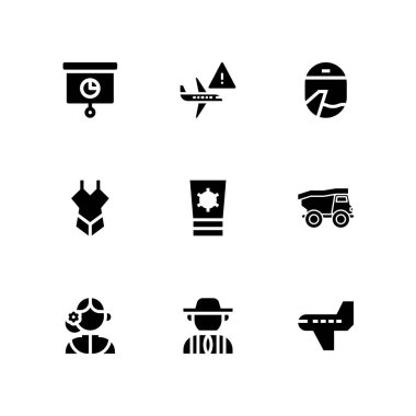 Güneş Icon set. Uçak, Güneş kremi ve grafik tasarım ve web için kamyon vektör simge