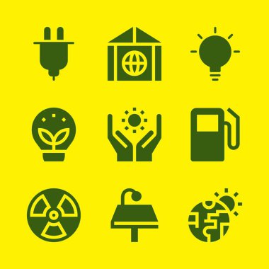 enerji Icon set. Lamba, sera etkisi ve grafik tasarım ve web için benzin istasyonu vektör simgeleri