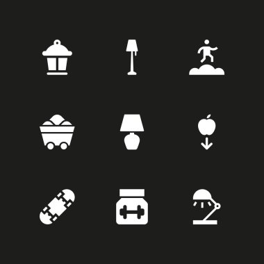 9 enerji simge kümesi kömür ile masa lambası ve kaykay vektör grafik tasarım ve web için illüstrasyon