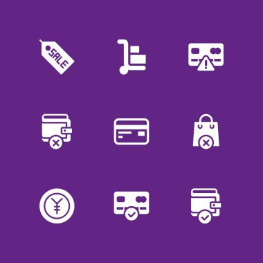 Alışveriş Icon set. grafik tasarım ve web için kredi kartı, m-cüzdan ve arabası vektör simge