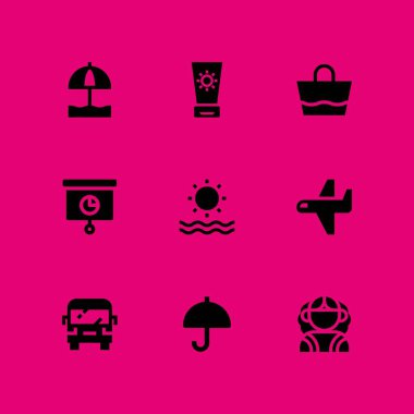 Güneş Icon set. Güneş kremi, şemsiye ve uçak vektör grafik tasarım ve web için simge