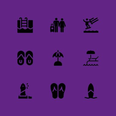 Plaj simge seti. flip flop, tatiller ve grafik tasarım ve web için deniz feneri vektör simge