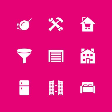 House simge seti. grafik tasarım ve web için buzdolabı, çekiç ve bina vektör simge