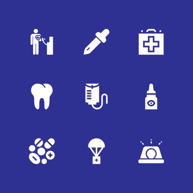 9 tıbbi Icon set grafik tasarım ve web için diş, siren ve ilk yardım kiti vektör çizim ile