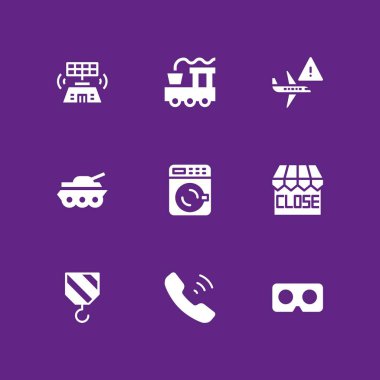 9 teknoloji simgesi ile tren, vinç ve grafik tasarım ve web için çamaşır makinesi vektör çizim seti