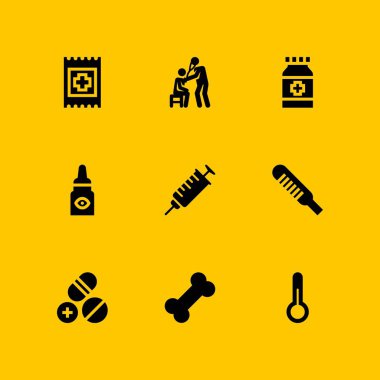 Tıbbi simge seti. grafik tasarım ve web için simge vektör yardım grubu, termometre ve hapları