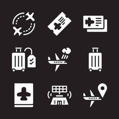 Havaalanı Icon set. Seyahat ile uçak ve Bagaj için grafik tasarım ve web simgeler vektör